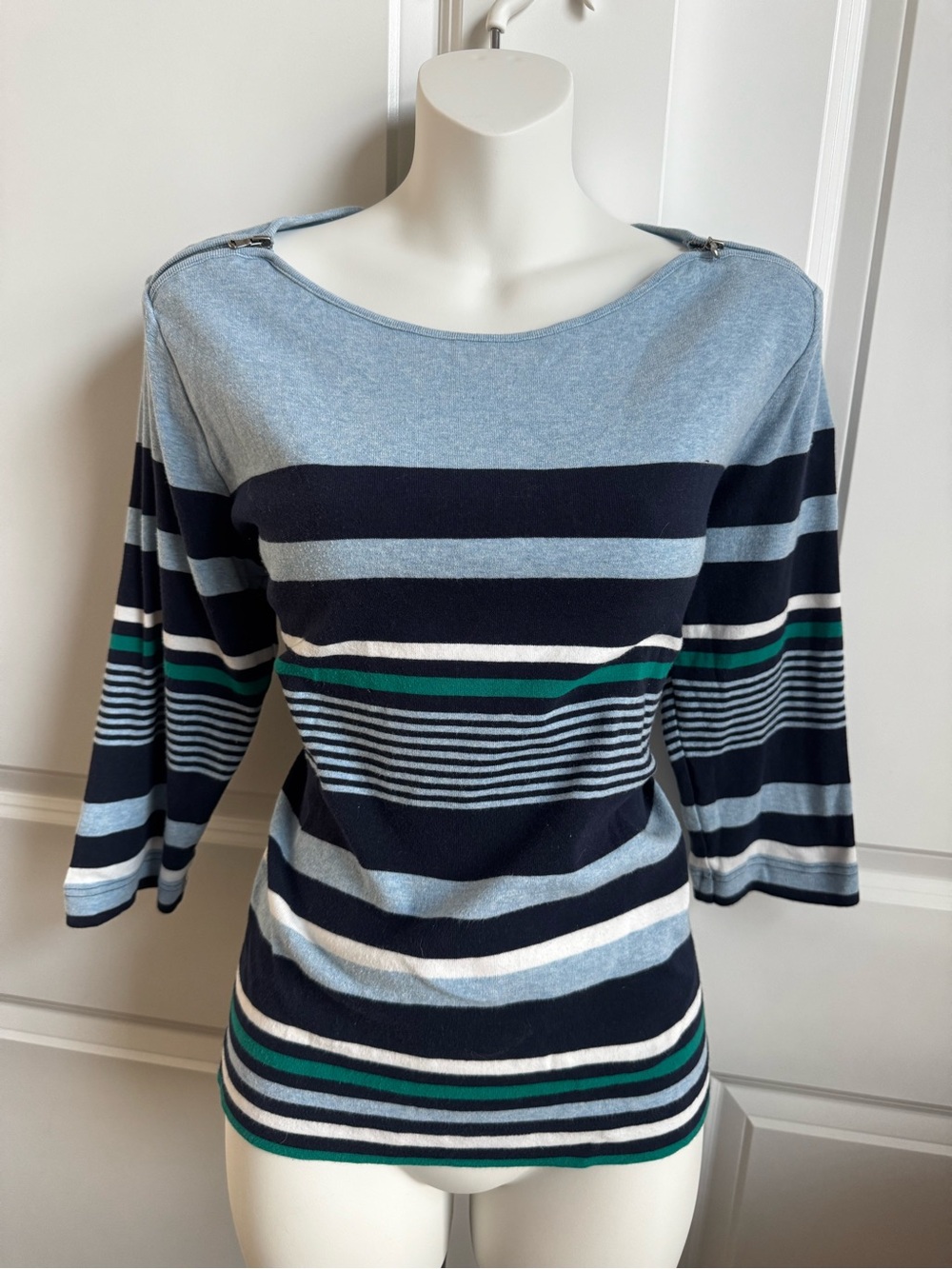 croft & barrow Light Blue, Navy & Green Striped Boatneck Long Sleeve Tee